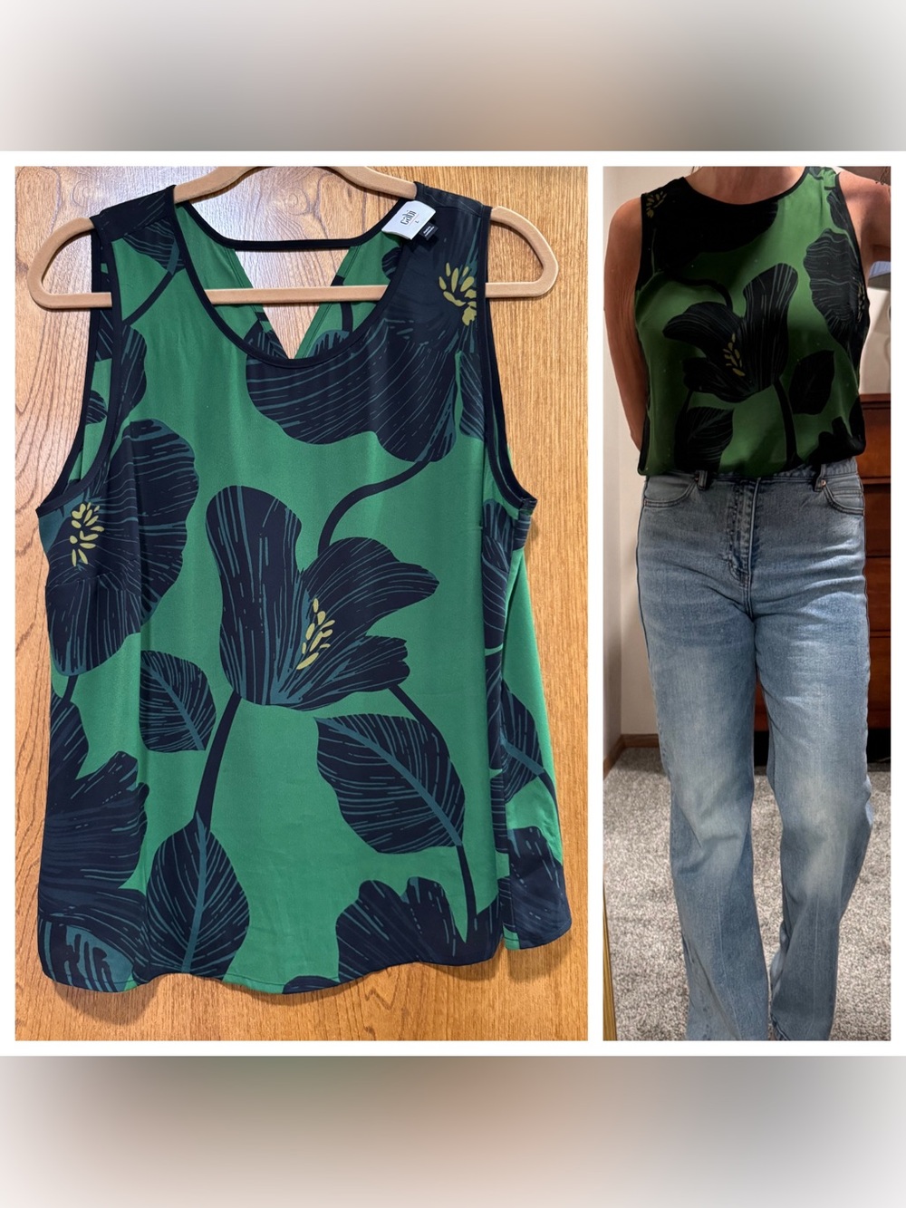 CAbi Green and Navy Floral Sleeveless Shell